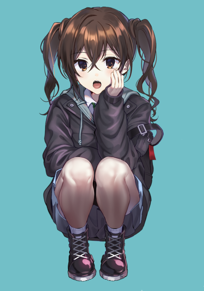 Anime picture 631x900 with idolmaster idolmaster cinderella girls sunazuka akira pinb single long hair tall image looking at viewer blush fringe open mouth hair between eyes brown hair twintails brown eyes payot full body pleated skirt teeth bare legs