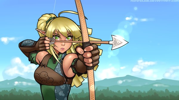 Anime picture 1920x1080 with original ronin dude (ray cornwell) single long hair fringe highres blonde hair wide image green eyes sky pointy ears girl gloves weapon armor fingerless gloves bow (weapon) arrow (arrows) breastplate muneate