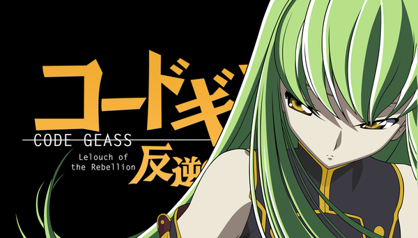 Anime picture 5023x2858 with code geass sunrise (studio) c.c. single long hair fringe highres wide image yellow eyes green hair inscription black background vector yellow background girl