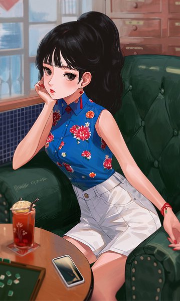 Anime picture 980x1635 with original ekao single long hair tall image looking at viewer blush fringe breasts black hair sitting bare shoulders ponytail blunt bangs nail polish fingernails black eyes sleeveless lipstick floral print