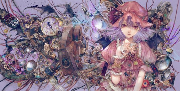 Anime picture 1500x758 with touhou remilia scarlet yogisya single short hair red eyes wide image purple hair nail polish bat wings mechanical girl dress flower (flowers) wings bandage (bandages) bonnet wire (wires) key