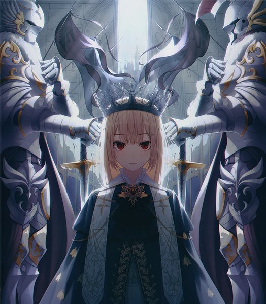 Anime picture 1000x1144 with original yuyo (i iuyo) long hair tall image looking at viewer blush fringe blonde hair red eyes standing upper body solo focus backlighting knight ambiguous gender girl weapon sword crown banner