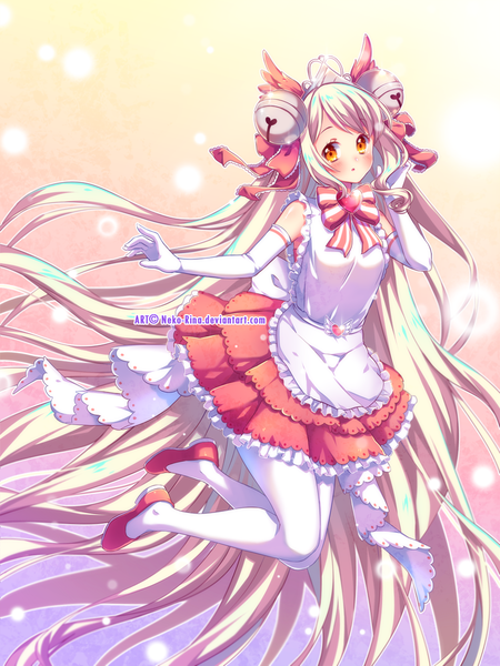 Anime picture 825x1100 with original neko-rina single tall image looking at viewer blush fringe blonde hair signed blue hair bent knee (knees) very long hair multicolored hair arm up two-tone hair :o maid orange eyes gradient background adjusting hair