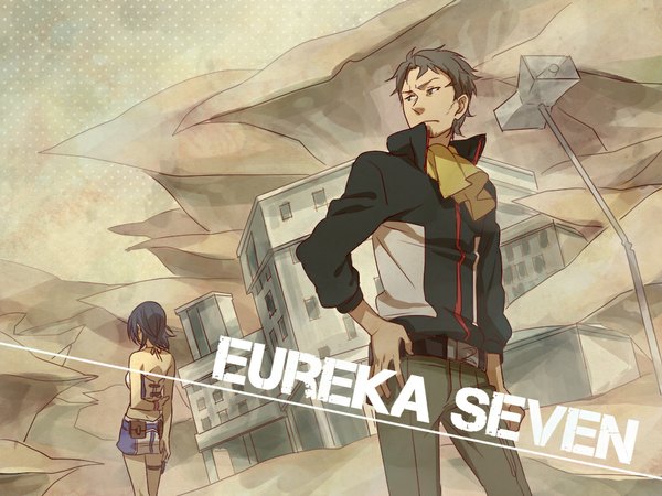 Anime picture 1024x768 with eureka seven studio bones talho yuuki holland novak zoff (daria) short hair blue eyes black hair bare shoulders grey hair girl boy skirt belt building (buildings) pants megaphone