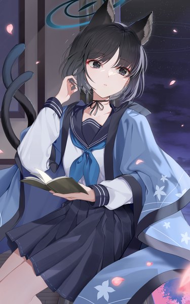 Anime-Bild 2066x3307 mit blue archive kikyou (blue archive) ion (on01e) single tall image highres short hair black hair sitting animal ears looking away tail traditional clothes japanese clothes animal tail pleated skirt black eyes cat ears cat girl cat tail