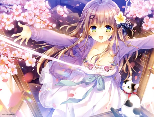 Anime picture 5165x3954 with dengeki moeou tatekawa mako single long hair looking at viewer blush highres breasts open mouth brown hair green eyes absurdres cleavage hair flower from above scan cherry blossoms spread arms girl dress