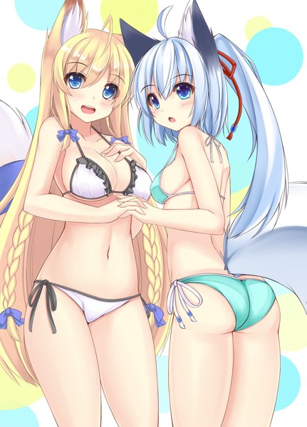 Anime picture 1078x1500 with original sogaya long hair tall image blush breasts open mouth blue eyes light erotic blonde hair multiple girls animal ears blue hair ass tail very long hair animal tail girl 2 girls swimsuit