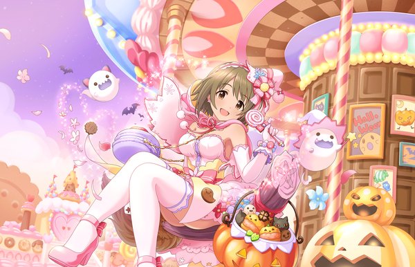 Anime picture 1280x824 with idolmaster idolmaster cinderella girls mimura kanako single looking at viewer blush short hair open mouth brown hair sitting brown eyes halloween white witch girl thighhighs dress hair ornament white thighhighs food sweets