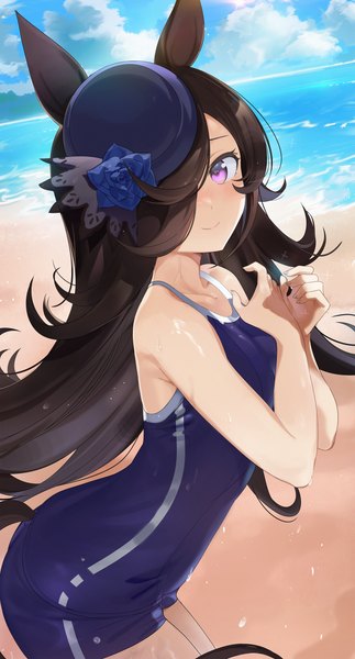 Anime picture 2204x4096 with umamusume rice shower (umamusume) seicoh single long hair tall image looking at viewer blush fringe highres black hair smile standing purple eyes animal ears sky cloud (clouds) outdoors tail animal tail