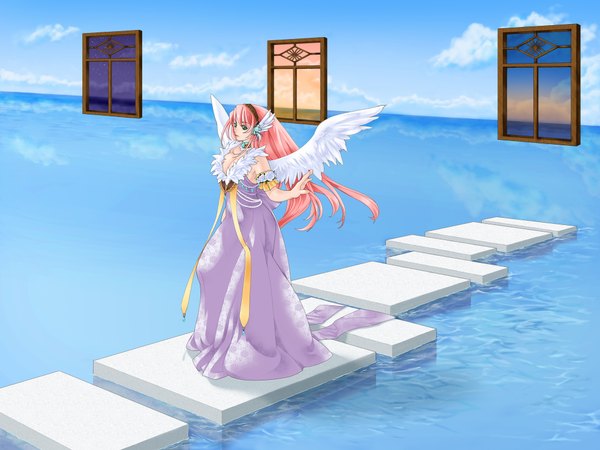 Anime picture 2000x1500 with vocaloid megurine luka single long hair highres green eyes pink hair head wings girl dress wings water window headphones