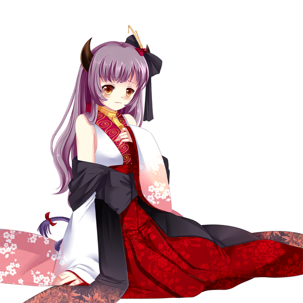 Anime picture 1000x1000 with original aurora rokudo single long hair simple background white background yellow eyes purple hair traditional clothes horn (horns) girl