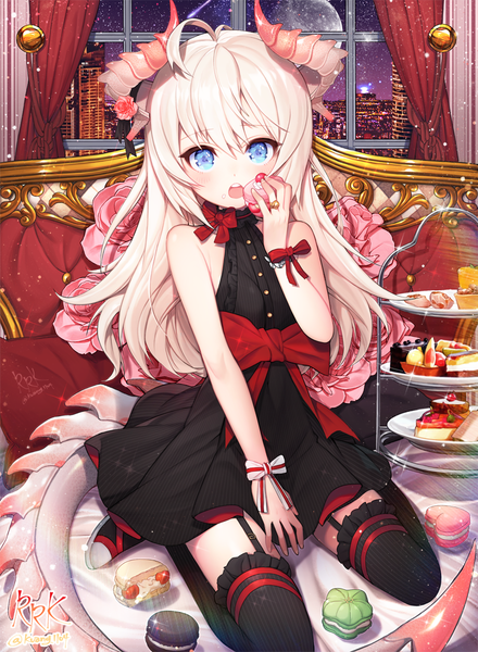 Anime picture 800x1091 with original kuang (kzhw7588) single long hair tall image looking at viewer blush fringe open mouth blue eyes hair between eyes sitting bare shoulders holding signed silver hair ahoge indoors tail horn (horns)