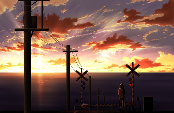 Anime picture 1300x850 with original kijineko single standing sky cloud (clouds) from behind sunlight sunbeam morning sunrise railroad crossing girl sea hood hoodie sun power lines traffic lights