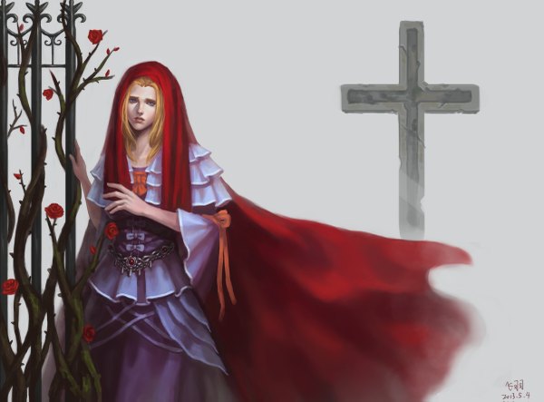 Аниме картинка 1200x887 с оригинальное изображение piaoluo de fei yu один (одна) длинные волосы голубые глаза светлые волосы подписанный серый фон девушка платье бант роза (розы) капюшон накидка крест шипы на растении