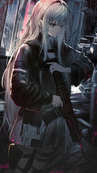 Anime picture 2133x3792 with original hirose (10011) single long hair tall image fringe highres standing holding looking away silver hair blunt bangs long sleeves nail polish grey eyes piercing ear piercing expressionless girl weapon
