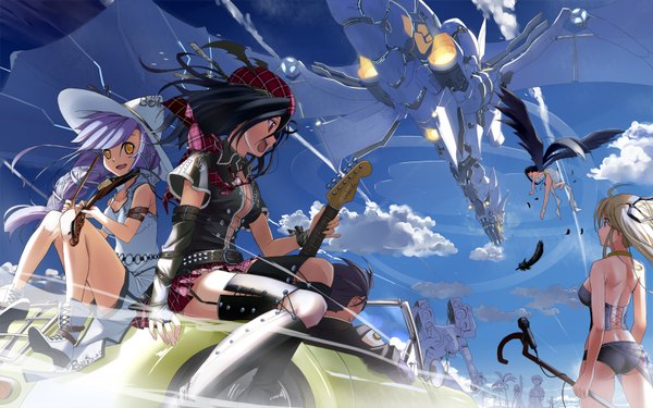 Anime picture 1680x1050 with mabinogi nao (mabinogi) morrighan beek (artist) smile wide image sky cloud (clouds) wind hat miniskirt wings feather (feathers) ground vehicle guitar car aircraft airship