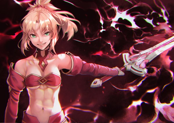 Anime picture 1500x1060 with fate (series) fate/apocrypha mordred (fate) yoshio (55level) single looking at viewer short hair breasts light erotic blonde hair smile green eyes upper body ponytail outstretched arm underboob girl navel weapon detached sleeves