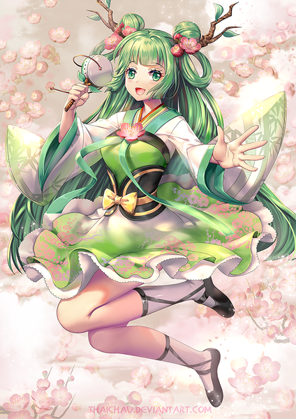 Anime picture 707x1000 with original riiya (mabong1989) single long hair tall image looking at viewer blush fringe open mouth smile holding green eyes signed full body blunt bangs :d hair flower green hair wide sleeves hair bun (hair buns)