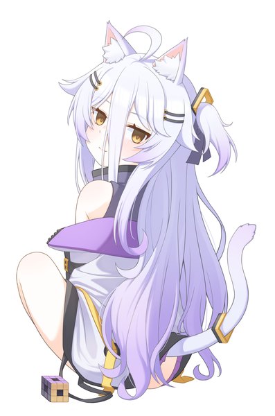 Anime picture 2219x3353 with virtual youtuber vshojo henya the genius ugaaaa1 single long hair tall image looking at viewer blush fringe highres light erotic simple background hair between eyes white background animal ears yellow eyes silver hair full body ahoge