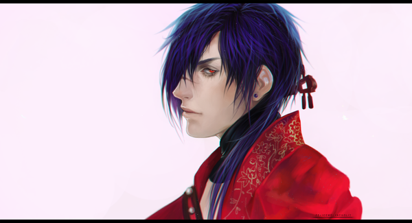 Anime picture 1980x1074 with dramatical murder nitro+chiral koujaku felicemelancholie single long hair looking at viewer highres simple background red eyes wide image purple hair traditional clothes japanese clothes profile realistic inscription piercing letterboxed scar