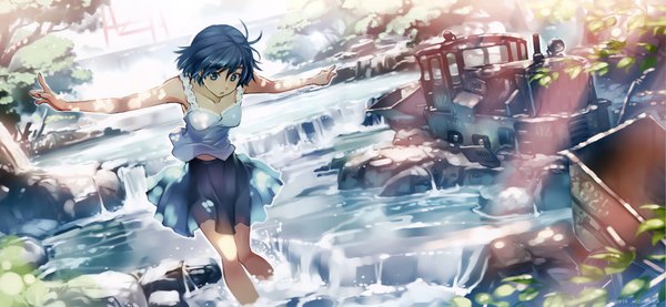 Anime picture 10412x4823 with original vania600 single highres short hair blue eyes wide image blue hair absurdres spread arms river incredibly absurdres girl skirt plant (plants) tree (trees) water sundress