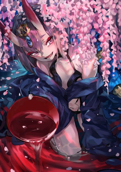 Anime picture 1000x1414 with fate (series) fate/grand order shuten douji (fate) ran (pixiv2957827) single tall image short hair open mouth light erotic purple eyes bare shoulders holding looking away purple hair traditional clothes :d japanese clothes horn (horns) teeth kneeling