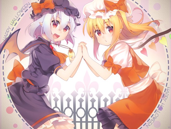 Anime picture 3159x2387 with touhou flandre scarlet remilia scarlet niwashi (yuyu) looking at viewer highres short hair open mouth blonde hair red eyes multiple girls absurdres purple hair holding hands halloween siblings bat wings sisters alternate color alternate wings
