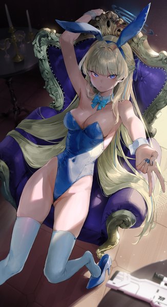Anime picture 2500x4596 with blue archive toki (blue archive) toki (bunny) (blue archive) kuroi suna single long hair tall image looking at viewer blush fringe highres breasts blue eyes light erotic blonde hair large breasts sitting animal ears cleavage braid (braids)