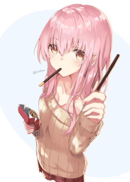 Anime-Bild 1000x1399 mit original hiiragi kifuyu single long hair tall image looking at viewer fringe simple background hair between eyes white background holding brown eyes pink hair cleavage long sleeves from above mouth hold plaid skirt food in mouth girl