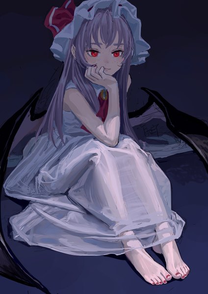 Anime picture 1000x1415 with touhou remilia scarlet fkey single long hair tall image fringe simple background red eyes sitting looking away full body bent knee (knees) blunt bangs nail polish barefoot arm support legs alternate hairstyle slit pupils