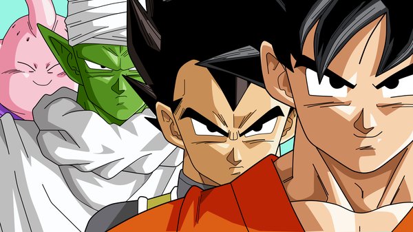 Anime-Bild 3840x2160 mit dragon ball dragon ball z son goku vegeta piccolo daimaou majin buu looking at viewer highres short hair black hair simple background smile wide image absurdres upper body pointy ears multiple boys eyebrows vector angry