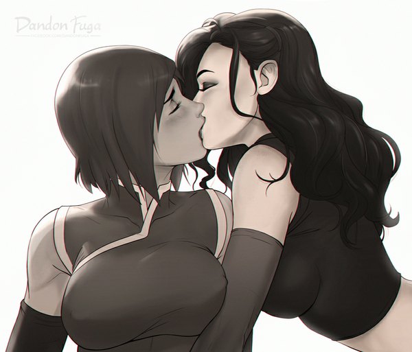 Anime picture 900x770 with avatar: the legend of korra korra asami sato dandon fuga long hair blush short hair breasts black hair simple background large breasts white background multiple girls upper body realistic monochrome eyebrows shoujo ai kiss girl