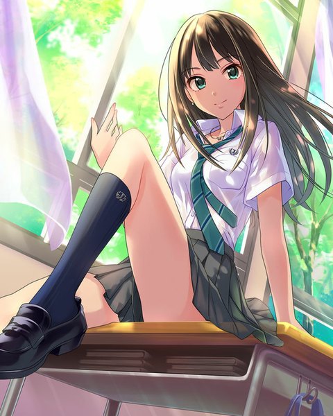 Anime picture 640x800 with idolmaster idolmaster cinderella girls shibuya rin single long hair tall image looking at viewer blush fringe blue eyes smile brown hair sitting bent knee (knees) pleated skirt wind sunlight official art from below zettai ryouiki