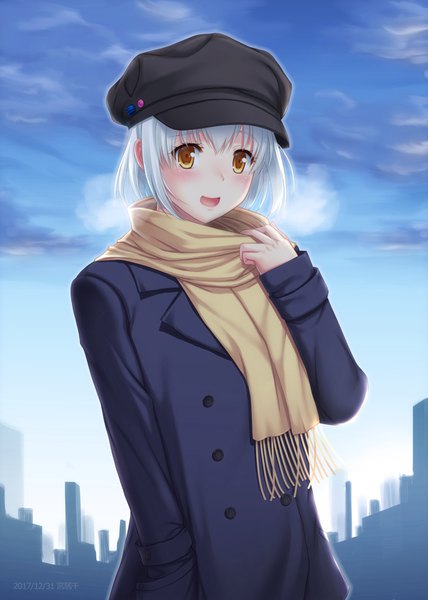 Anime picture 652x913 with original miyai max single tall image looking at viewer blush fringe short hair open mouth smile signed yellow eyes sky silver hair cloud (clouds) upper body outdoors :d dated exhalation