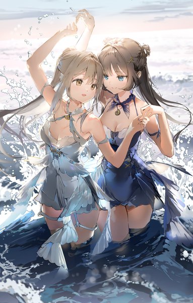 Anime picture 1300x2036 with original anmi long hair tall image fringe breasts open mouth blue eyes smile brown hair standing bare shoulders multiple girls brown eyes payot cleavage outdoors ponytail arm up partially submerged