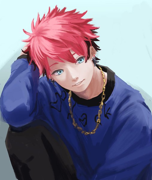 Anime picture 1000x1180 with a3! nanao taichi shikou shig single tall image short hair blue eyes simple background sitting looking away red hair parted lips multicolored hair two-tone hair blue background boy chain