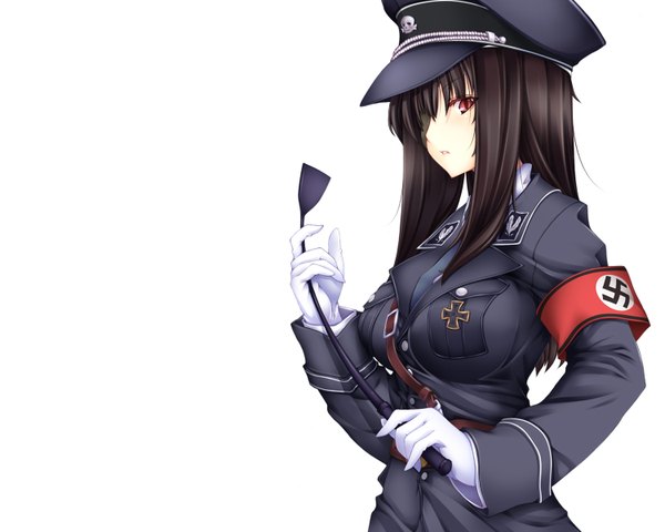 Anime picture 1500x1200 with original yui.h kiwaso (artist) single long hair highres open mouth black hair red eyes nazi girl gloves uniform military uniform peaked cap riding crop
