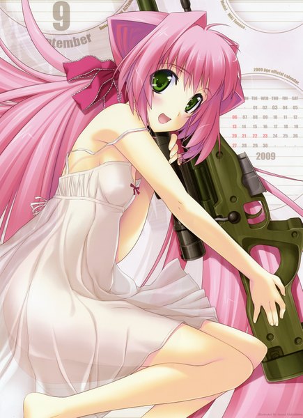 Anime picture 2822x3887 with muv-luv alternative tamase miki makishima azusa single long hair tall image blush highres open mouth light erotic smile green eyes pink hair barefoot scan inscription flat chest calendar 2009 girl bow
