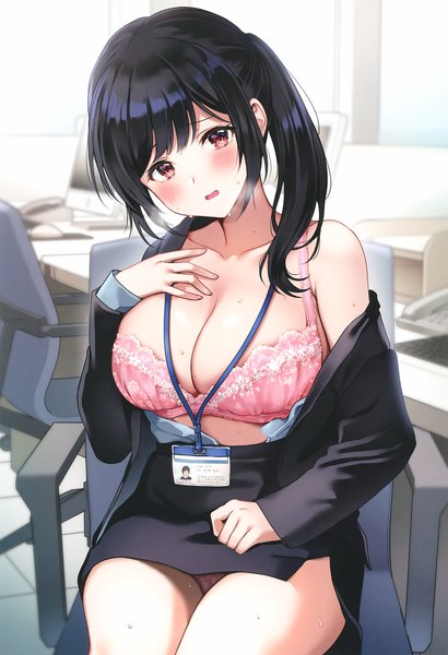 Anime picture 2599x3800 with original nishizawa single long hair tall image looking at viewer blush fringe highres breasts open mouth light erotic black hair red eyes large breasts sitting payot ponytail indoors blunt bangs