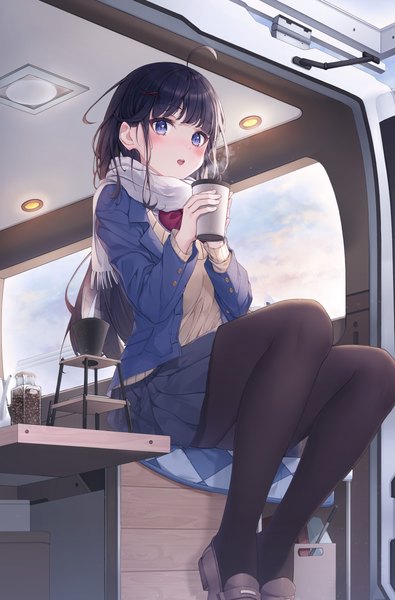 Anime picture 3537x5379 with original keis (locrian1357) single long hair tall image looking at viewer blush fringe highres open mouth blue eyes black hair sitting holding absurdres sky cloud (clouds) ahoge bent knee (knees) blunt bangs