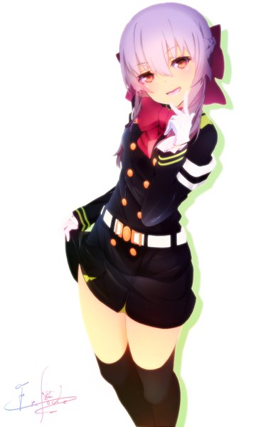 Anime picture 892x1487 with owari no seraph wit studio hiiragi shinoa furisode (pixilvina) single tall image looking at viewer fringe short hair open mouth light erotic simple background smile standing white background holding signed purple hair braid (braids) shadow