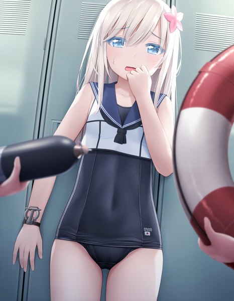 Anime picture 2800x3600 with kantai collection ro-500 submarine u-511 submarine haribote (tarao) long hair tall image looking at viewer blush fringe highres open mouth blue eyes light erotic blonde hair hair between eyes standing holding indoors hair flower character names