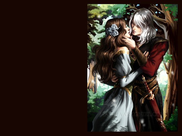 Anime picture 1280x960 with a song of ice and fire rhaegar targaryen lyanna stark mathiaarkoniel brown hair standing silver hair white hair eyes closed hair flower sunlight couple hug wavy hair face to face brown background almost kiss girl dress boy