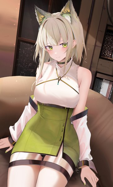 Anime picture 3842x6335 with arknights kal'tsit (arknights) ru zhai single tall image looking at viewer blush fringe highres short hair breasts light erotic smile sitting bare shoulders green eyes animal ears absurdres indoors nail polish