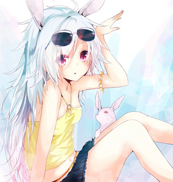 Anime picture 1000x1053 with original la-na single long hair tall image red eyes white hair bunny ears girl miniskirt sunglasses bunny