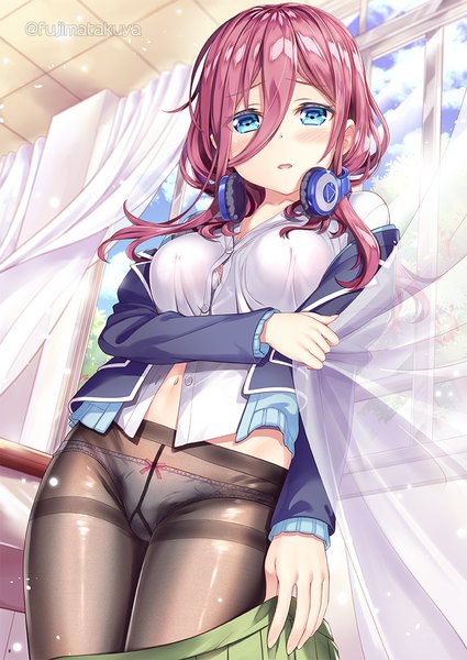 Anime picture 800x1129 with go-toubun no hanayome nakano miku fujima takuya single long hair tall image looking at viewer blush fringe breasts open mouth blue eyes light erotic hair between eyes standing signed pink hair sky cloud (clouds) indoors