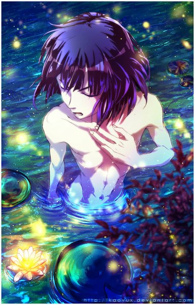 Anime-Bild 600x936 mit slayers j.c. staff xelloss kaoyux single tall image fringe short hair light erotic bare shoulders purple hair eyes closed parted lips from above nude bare belly partially submerged turning head hand on chest river