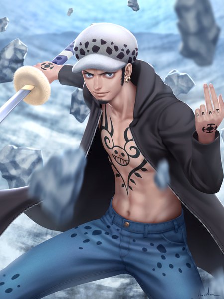 Anime picture 750x1000 with one piece toei animation trafalgar law gohpot single tall image looking at viewer short hair blue eyes black hair standing holding signed light smile inscription open clothes tattoo muscle fighting stance serious