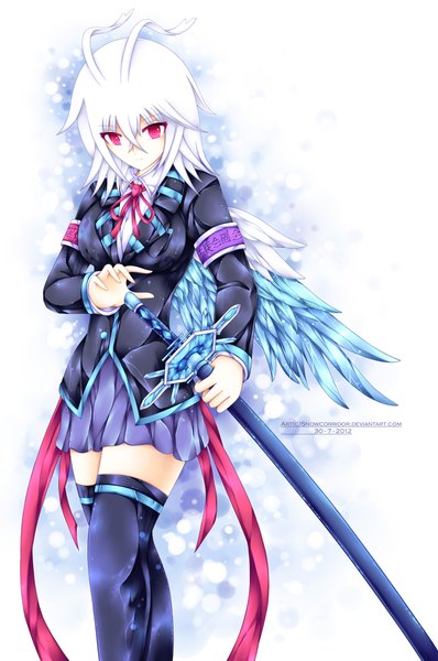 Anime picture 3164x4763 with original snowcorridor (artist) single tall image highres short hair absurdres white hair pink eyes girl thighhighs skirt uniform ribbon (ribbons) weapon black thighhighs school uniform sword wings