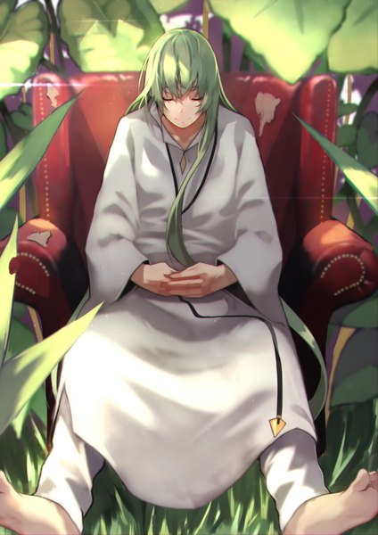 Anime picture 1060x1500 with fate (series) fate/strange fake enkidu (fate) yoshio (55level) single tall image fringe sitting eyes closed very long hair barefoot green hair light smile hands clasped boy plant (plants) grass armchair